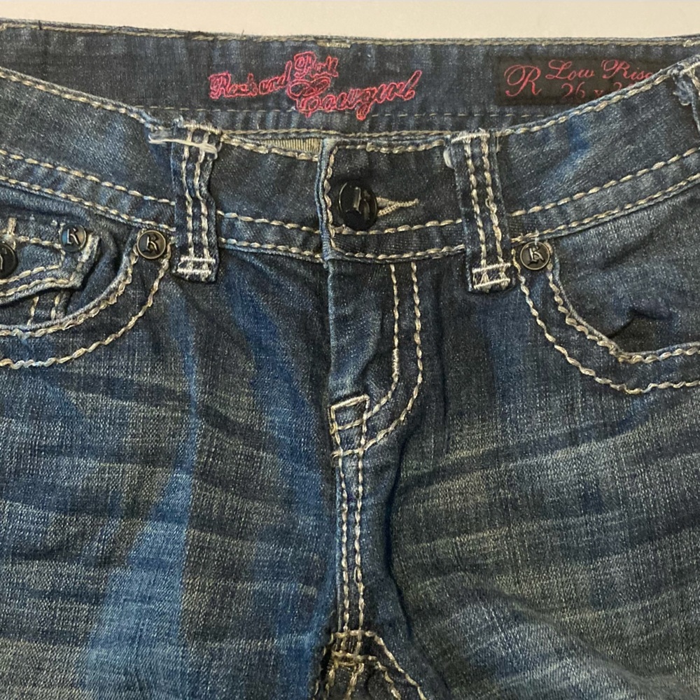 Rock And Roll Cowgirl Size 26 x 32 Blue Jeans unique embellishments straight leg - Picture 8 of 12